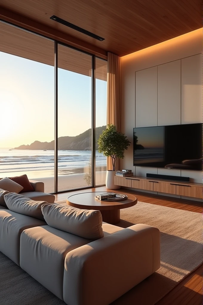 A living room with big screen and couch with beach view 
