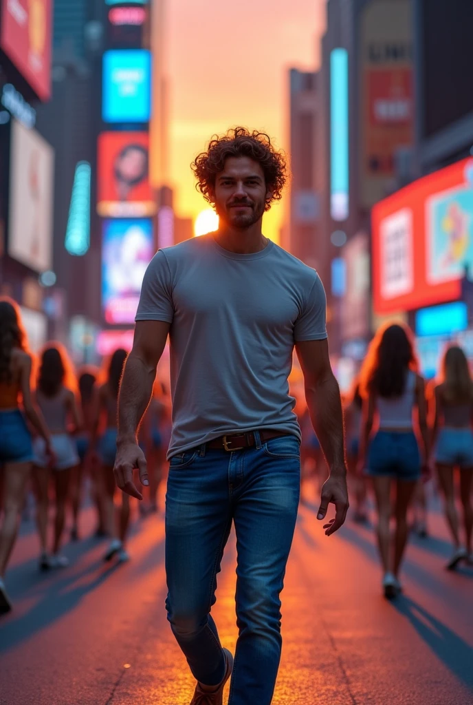 Create an image of a handsome man walking confidently on a busy street in Times Square, USA. He has curly hair and is dressed casually in jeans and a t-shirt. The scene takes place outdoors during an orange-hued sunset, with the soft lighting casting a warm glow over the surroundings. The man is walking with a relaxed yet purposeful stride, with intricate details in his clothing and hair.
The background features vibrant colors, focusing on a blue color palette with neon signs and billboards. The road is bustling with activity, filled with numerous young women wearing sleeveless t-shirts and shorts, casually wandering around. The image should highlight the crowded, energetic atmosphere of Times Square, with the man as the focal point. The overall scene should be realistic, with intricate details and vibrant colors, emphasizing the contrast between the cool blue tones of the city and the warm orange sunset.