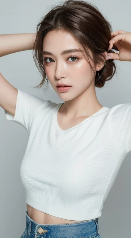 ((Highest quality, 8k, masterpiece :1.3)), 1 person, beautiful woman with slim abs :1.3, (Hairstyle is free :1.2), Short white T-shirt :1.2, Ultra-fine face, Delicate eyes, double eyelid, Underarm,Denim hot pants