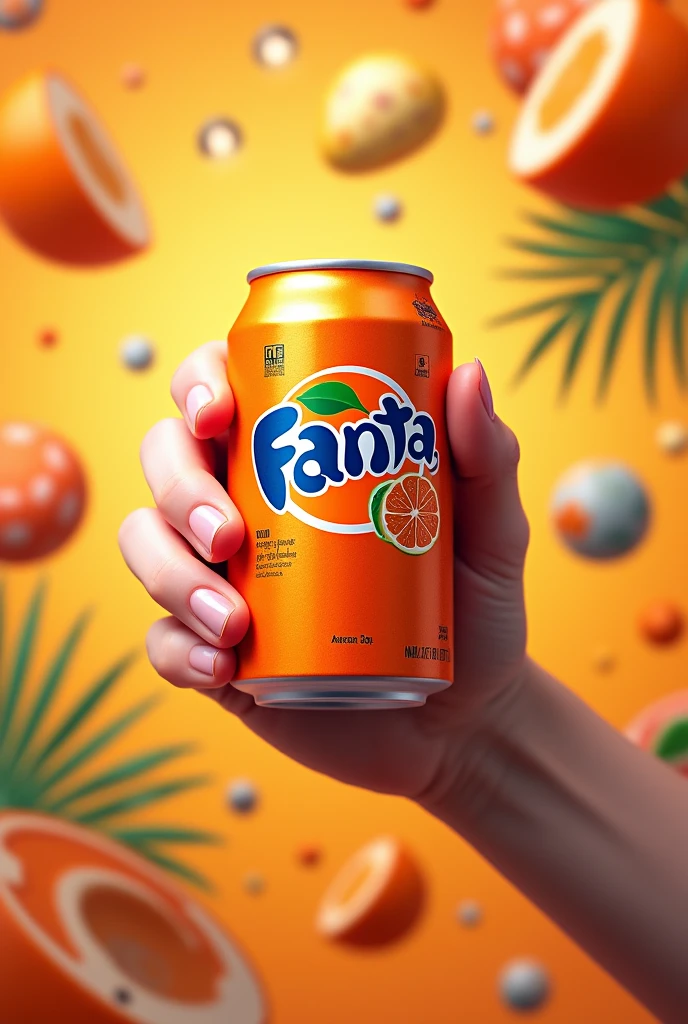 A hand holding a can of orange-flavored Fanta against a fun background
