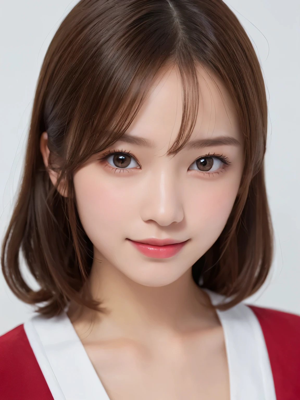 white background, facing front, half body portrait, bust shot, looks very happy, smile, one girl, (a beauty girl, delicate girl:1.3), (20 years old:1.3), break, (dress up as Santa Claus), break, very fine eyes, (symmetrical eyes:1.3), break, C cup breasts, brown eyes, blunt bangs, brown hair,  (eyes and faces with detailed:1.0), break, (masterpiece, best quality, ultra detailed, detailed face, 8k)