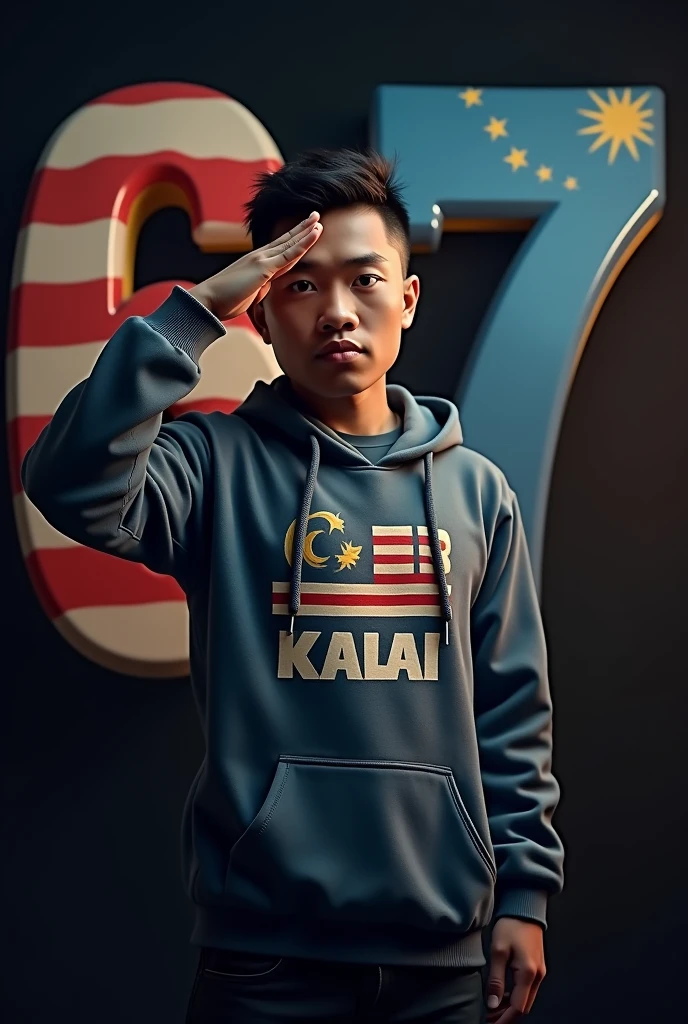 A real 30 years old man wearing hoodie dress with Text “Sir Kalai” written on tshirt, he standing near a 3d big Number “67” is decorated by Malaysia flag with dark background 32k ultra quality image, and he salute