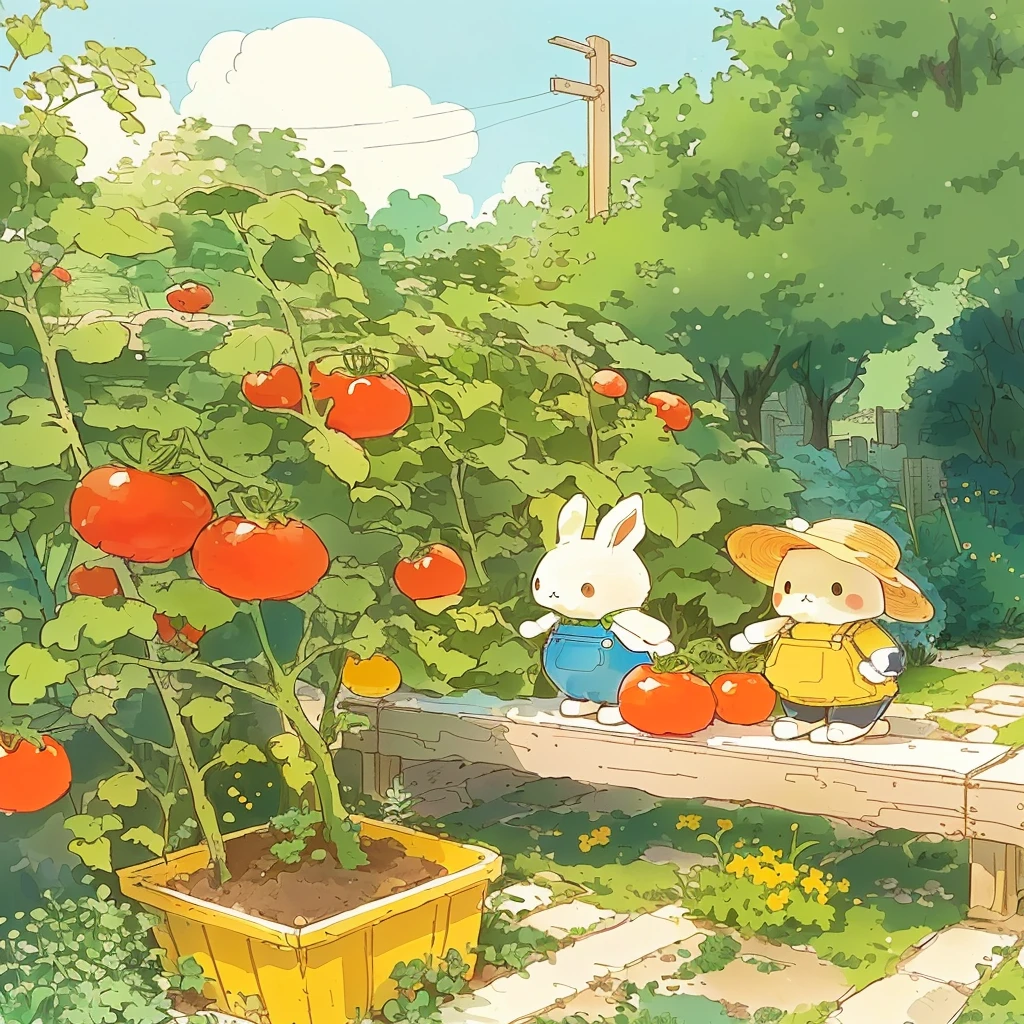 there are two rabbits that are standing on a bench In the garden, In the garden, In the garden, Cute style garden, author:Yumihiko Amano, Miffy, Garden background, author:Naohisa Inoue, Ghibli art style, Gardening, Studio Ghibli style, author:miwa komatsu, Studio Ghibli Art, Forest argan tomato body
