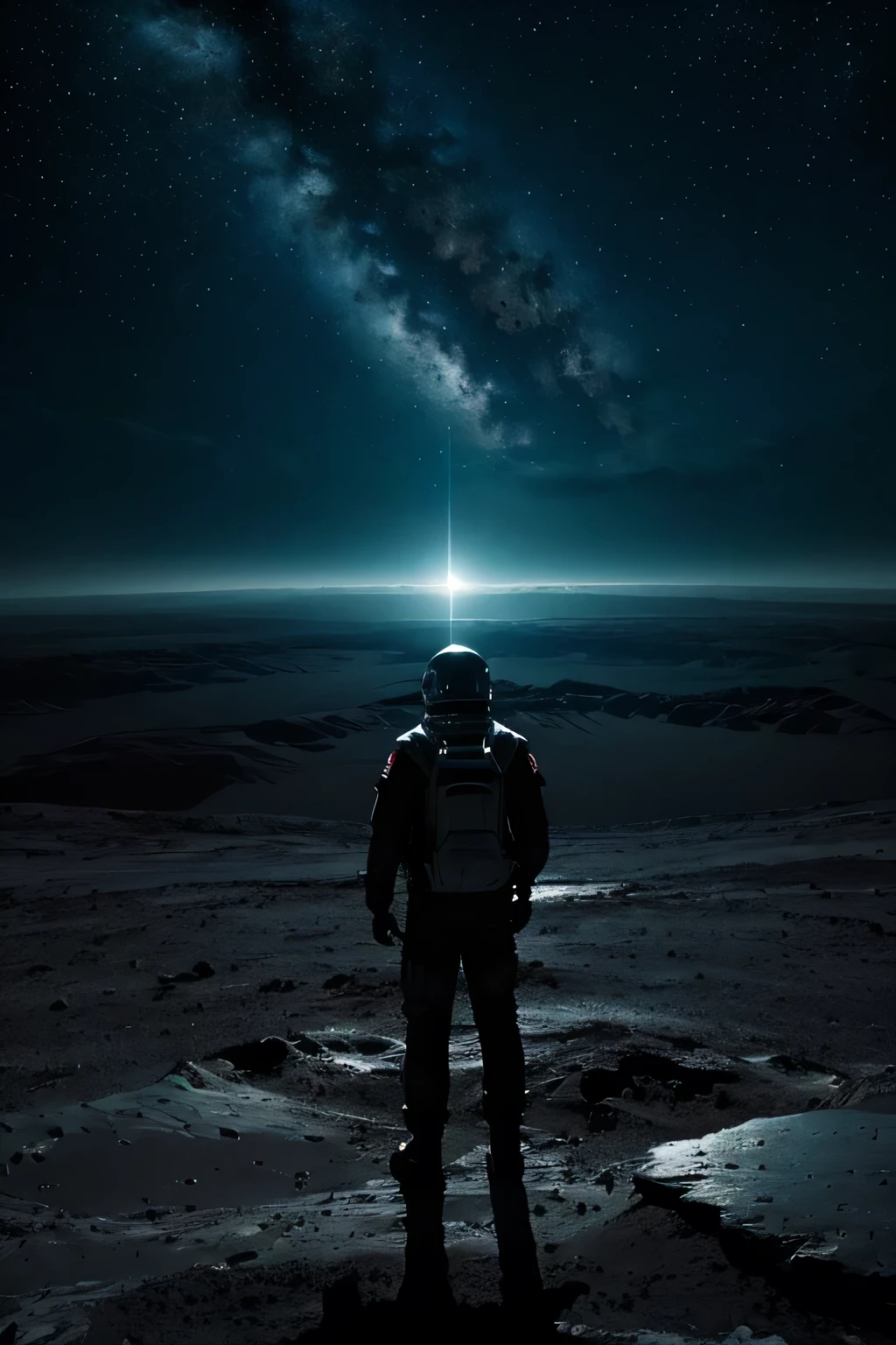 Visual Style: A moody and cinematic scene depicting a lone astronaut standing on the edge of a massive crater on a barren, rocky moon. The astronaut gazes at a distant planet rising on the horizon, under a dark, star-filled sky. The crater's jagged edge is shadowed, with the planet's faint light casting eerie shadows across the landscape. The distant planet appears enormous, with swirling clouds and illuminated landmasses, creating a sense of solitude and awe.