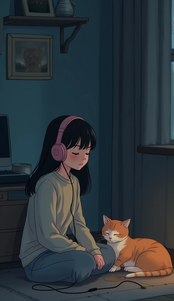 night、A girl and a cat listening to music in a cozy room., Using headphones, 2D-style animation, Lo-Fi, High resolution, Dark Environment