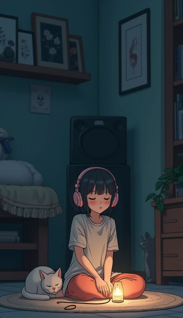 night、A girl and a cat listening to music in a cozy room., Using headphones, 2D-style animation, Lo-Fi, High resolution, Dark Environment