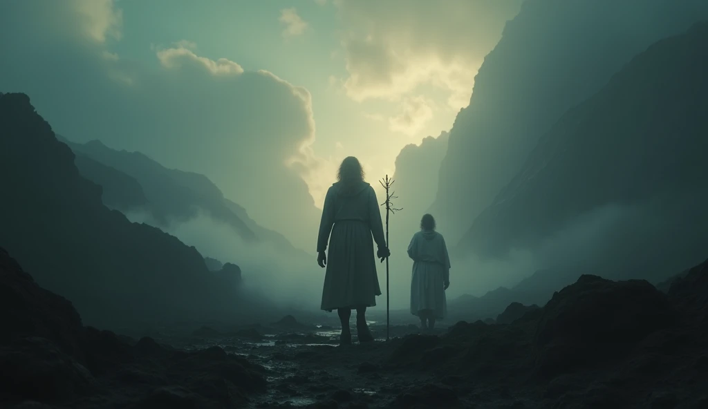 "A powerful and emotional cinematic scene, depicting a lonely character walking through a dark and desolate valley, symbolizing the 'shadow of death'. The environment is shrouded in dense fog, with dark mountains in the background and a dramatic sky, almost apocalyptic. next to the character, a divine figure, representando Deus, stands out with an aura of soft light, holding a rod and staff that emanate a comforting glow. The character's expression reflects both fear and hope, while the divine presence brings a sense of protection and peace. The composition of the image is rich in details, with lighting that highlights the contrast between the darkness of the valley and the celestial light next to the protagonist."