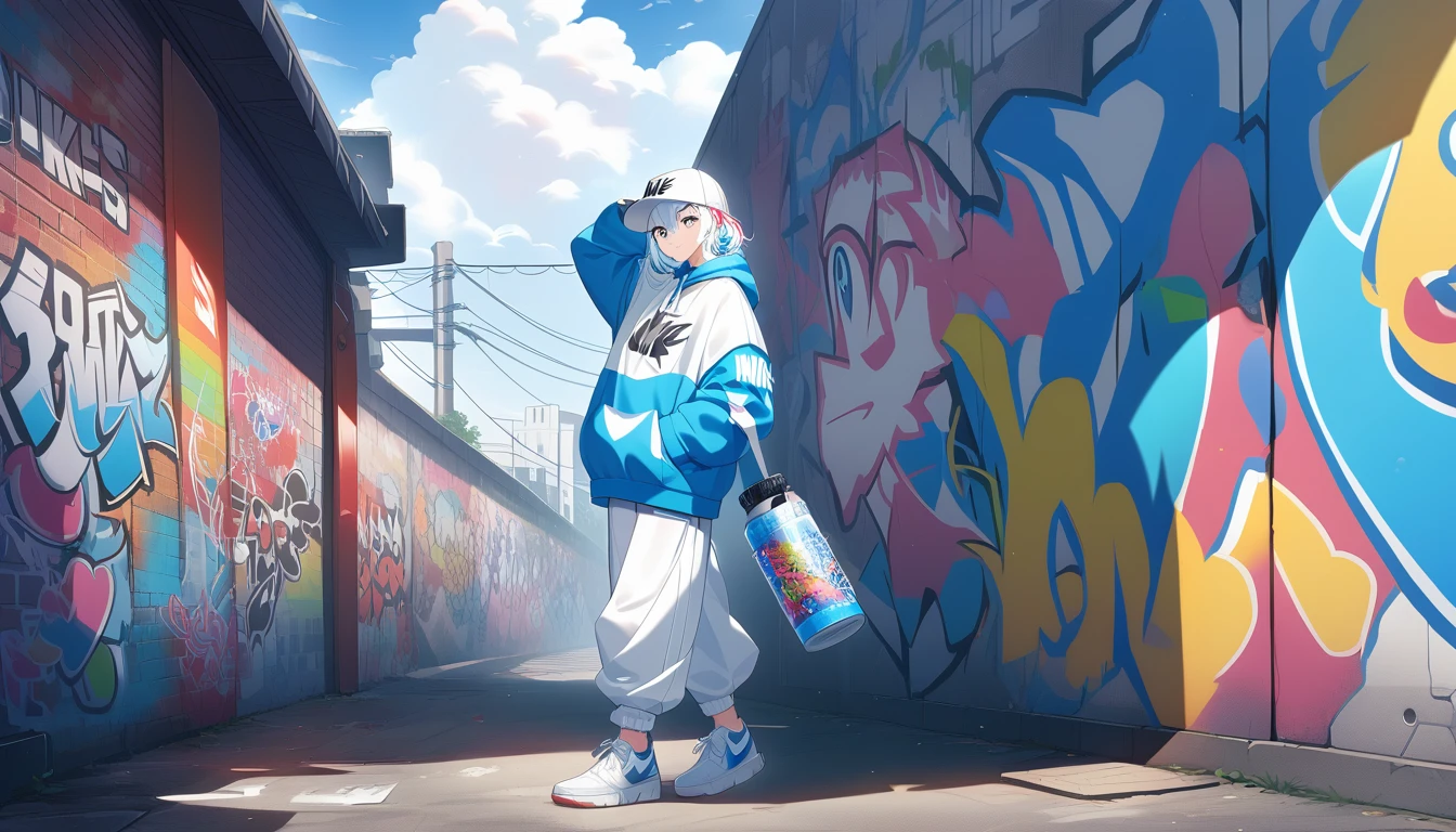 HD 8k Handsome sexy cute er16:9, Solitary, 1 female, Medium Length Hair, white hair, Rainbow hair, blue Eyes, hoodie, colored hoodie, White Trucker Hat, hip-hop style big white tank top white big pants, NIKE is sneakers, Human focus, outdoor, blue sky, White clouds, HD 8K graffiti Popularity spray art wall,