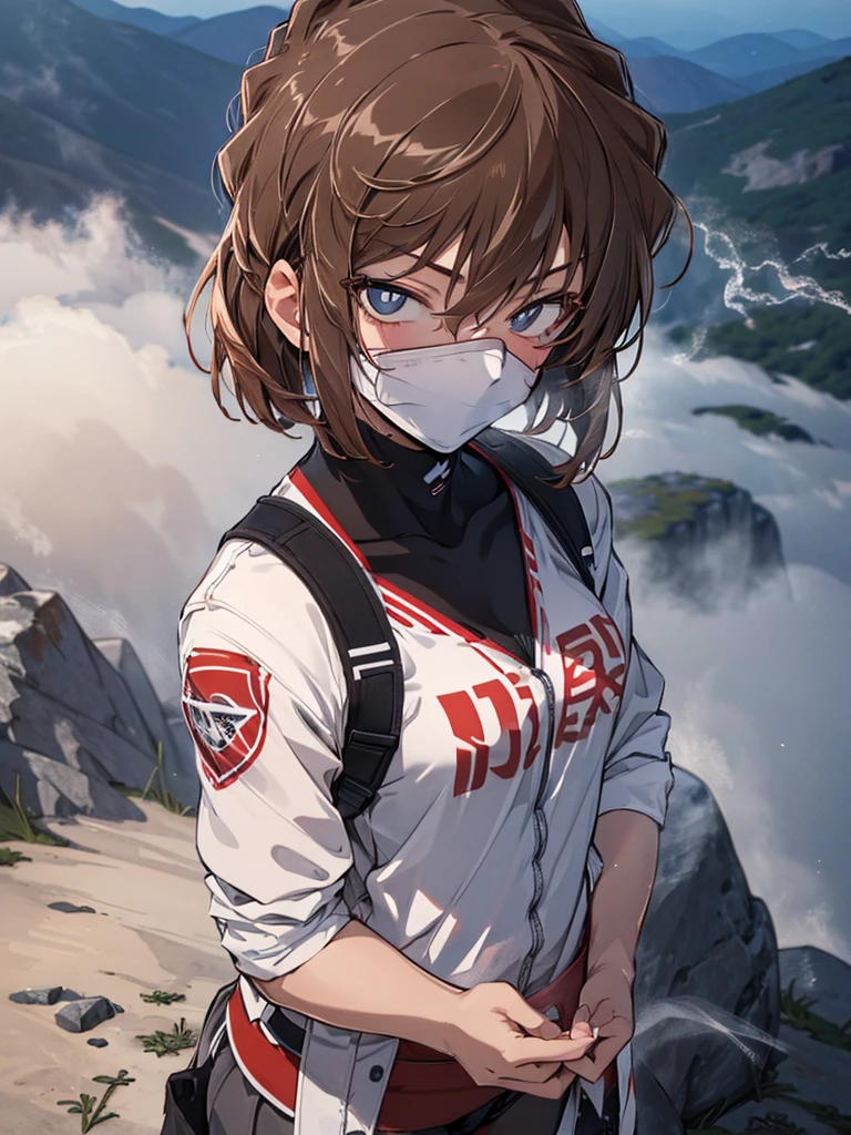 (Mysterious Fog:1.5), Morning Glow, Summit, Mountaineering, Mountain climbing, cute, Beauty, Shortcuts, Haibara Ai, Brown Hair, (masterpiece), highest quality, 1girl, uhd, retina, masterpiece, ccurate, anatomically correct, textured skin, super detail, high details, high quality, best quality, highres, 4K