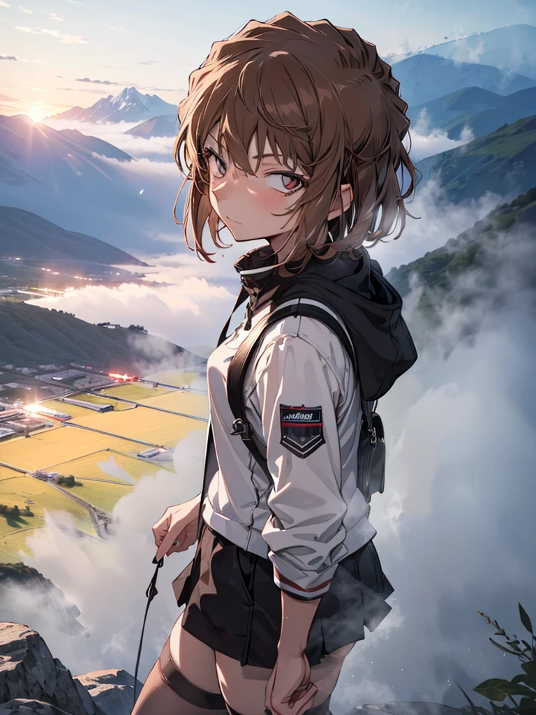 (Mysterious Fog:1.5), Morning Glow, Summit, Mountaineering, Mountain climbing, cute, Beauty, Shortcuts, Haibara Ai, Brown Hair, (masterpiece), highest quality, 1girl, uhd, retina, masterpiece, ccurate, anatomically correct, textured skin, super detail, high details, high quality, best quality, highres, 4K