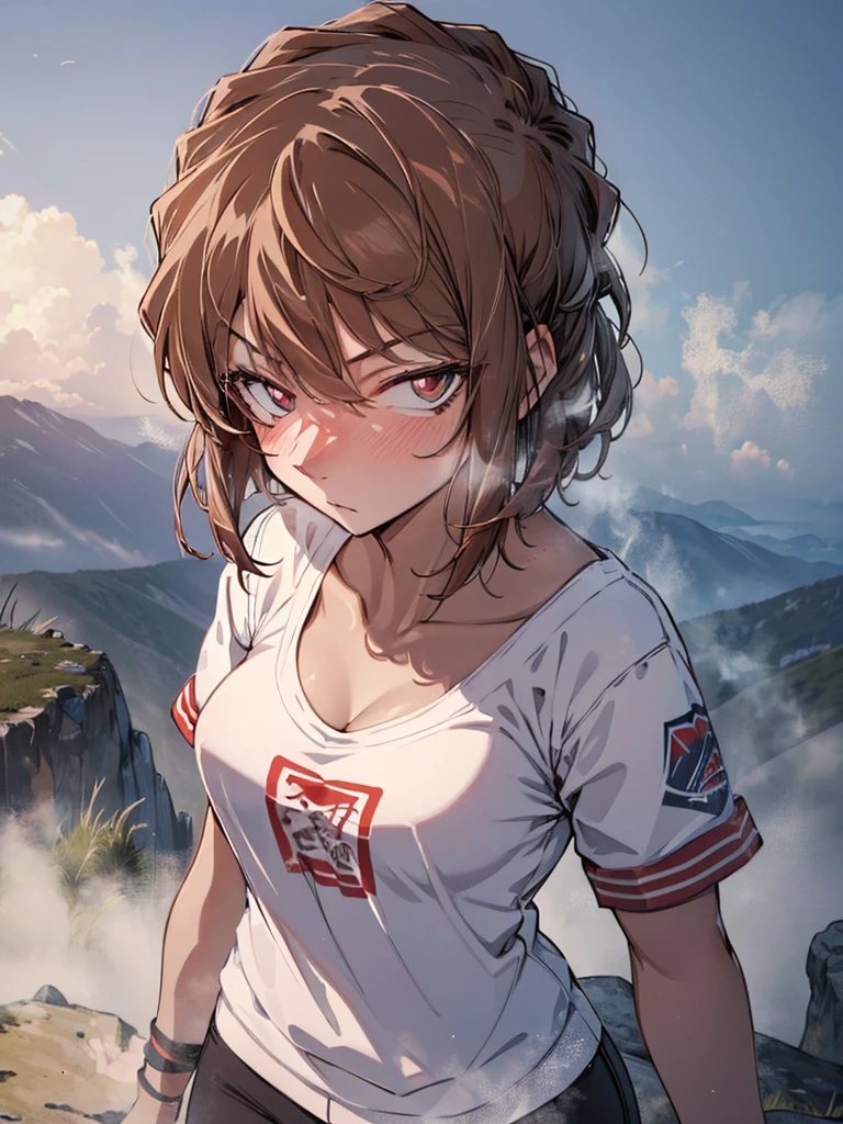 (Mysterious Fog:1.5), Morning Glow, Summit, Mountaineering, Mountain climbing, cute, Beauty, Shortcuts, Haibara Ai, Brown Hair, (masterpiece), highest quality, 1girl, uhd, retina, masterpiece, ccurate, anatomically correct, textured skin, super detail, high details, high quality, best quality, highres, 4K