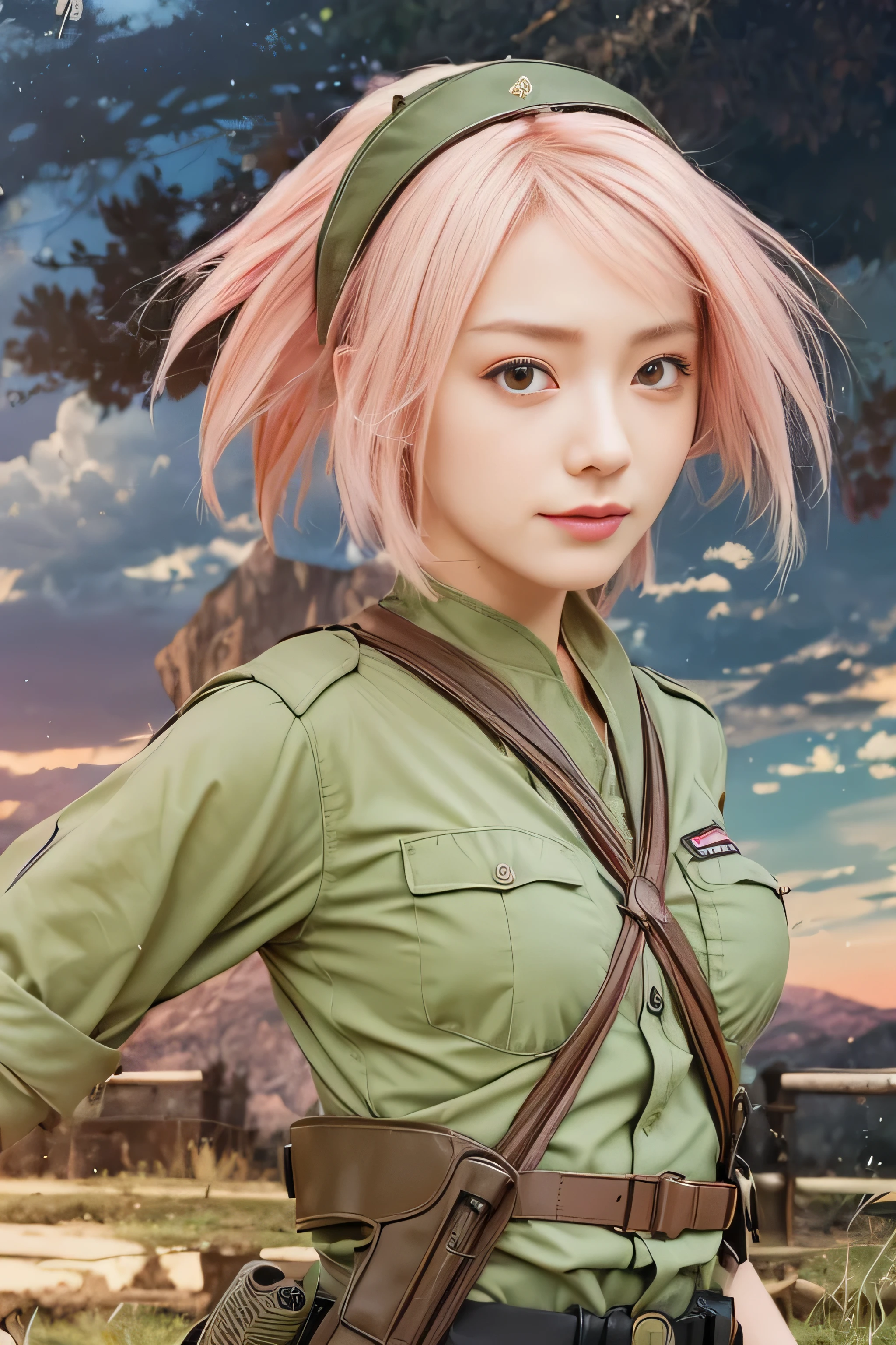 masterpiece, best quality, (realistic,photo-realistic:1.4), (RAW photo:1.2), extremely detailed CG unity 8k wallpaper, delicate and beautiful, amazing, finely detail,official art, absurdres, incredibly absurdres, huge filesize, ultra-detailed, extremely detailed, extremely detailkcaled girl,extremely detailed eyes and face, light on face,little smiles,(short hair:1.3),(pink hair:1.3)(nature background:1.4),haruno sakura,(wearing military uniform:1.4),gun belt,hairband