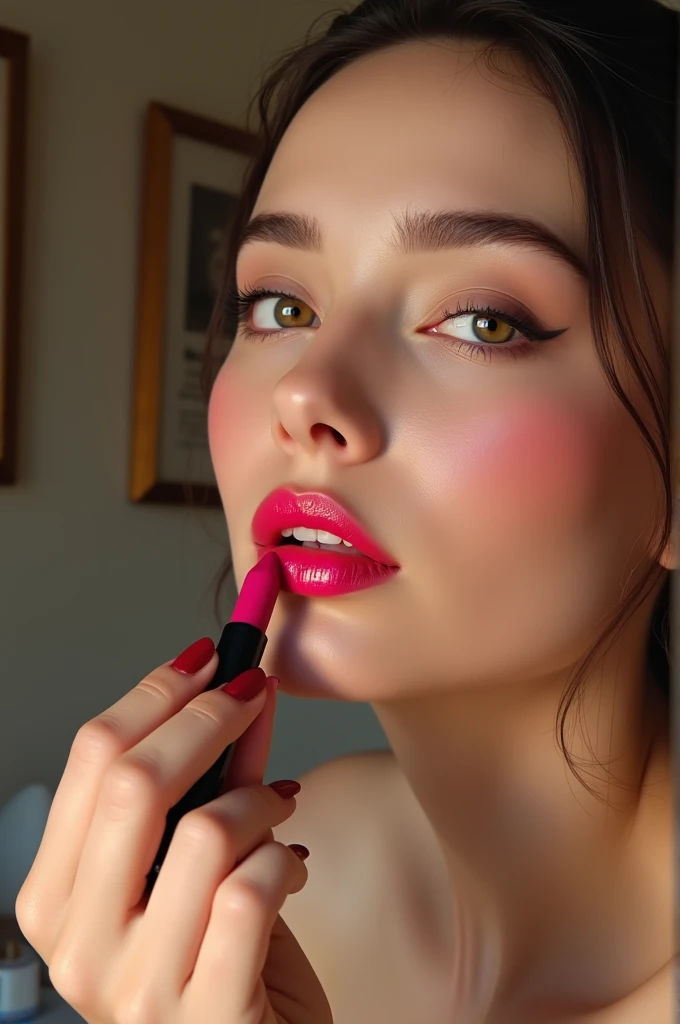 A girl applying pink lipstick 12k
