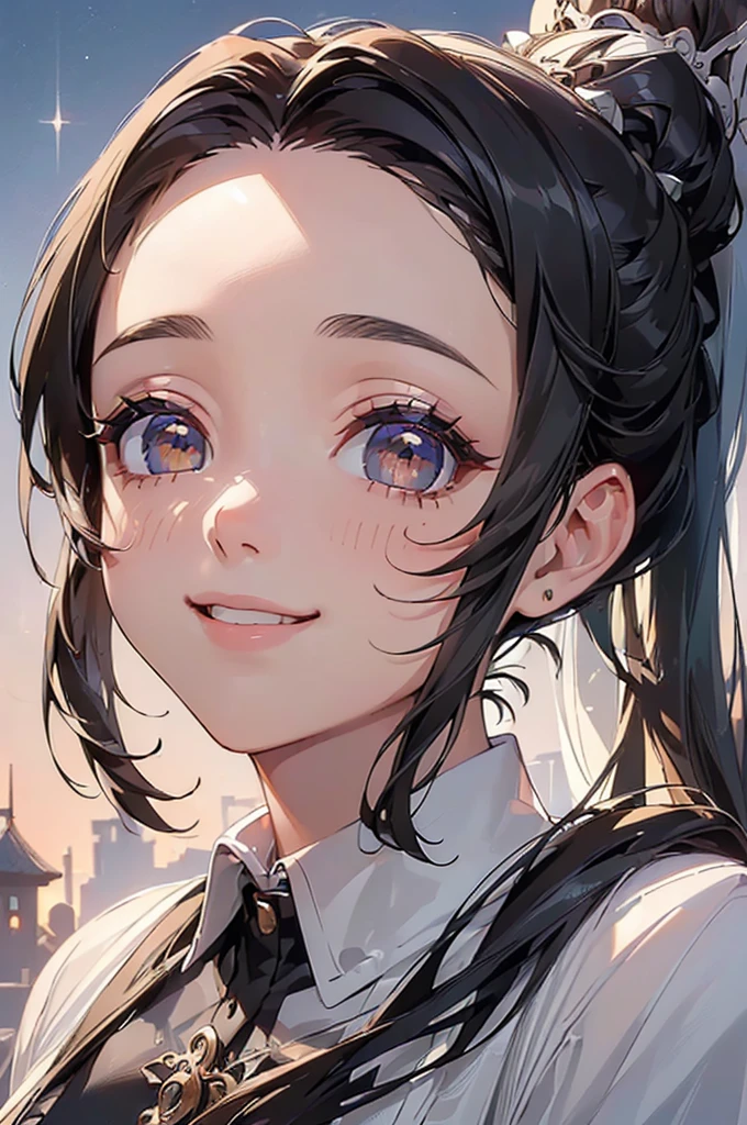 ((((High resolution, Intricate details, masterpiece, 8k)))), (((beautiful, Lots of races))), ((One Woman, face close up, Smiling)), (Black Hair, Forehead, Long Hair, ponytail, hair ornaments, slender), from front, looking at viewer, look at viewer, town, night, moon,