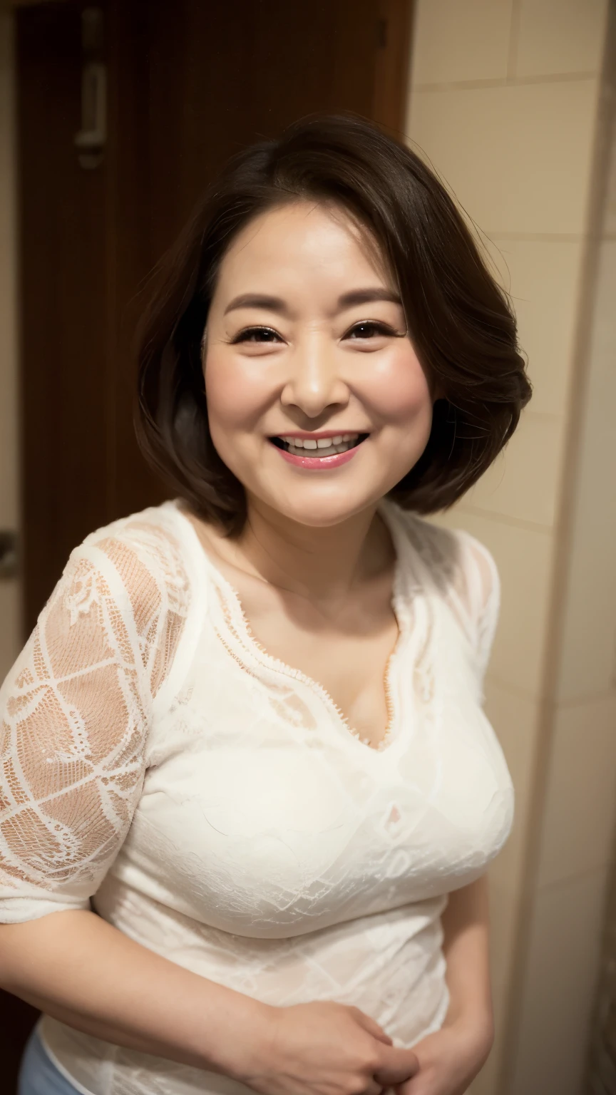 super high quality, Background Blur, In front of the bathroom, gravure, I'm sticking out my, 65 years old, ,Fat belly,Very plump, From the chest up, masterpiece, Highest quality, Very detailed, Realistic, Ultra-dense skin, Perfect Anatomy, Plump Mature Woman, Wrinkles around the eyes, , Big Breasts, In underwear, A shy toothy smile, Chubby, Glamour, sexy, Pure white skin, Looking at the audience,