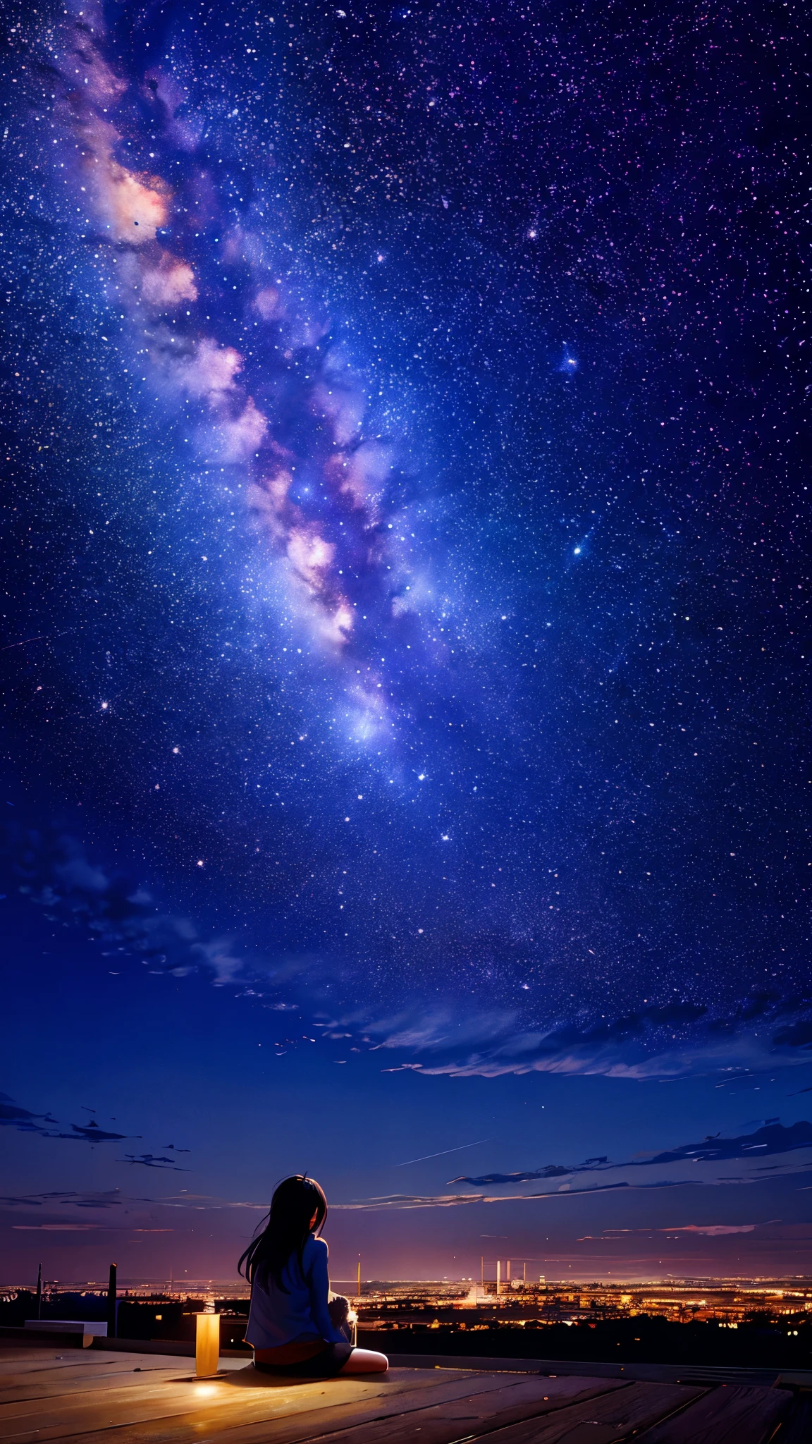 octans, sky, star (sky), scenery, starry sky, night, 1girl, night sky, solo, outdoors, building, cloud, milky way, sitting, tree, long hair, city, silhouette, cityscape