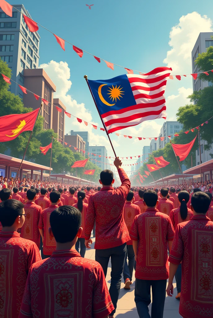Malay people wear the samping to celebrate the country's independence and hold the Malaysian flag.