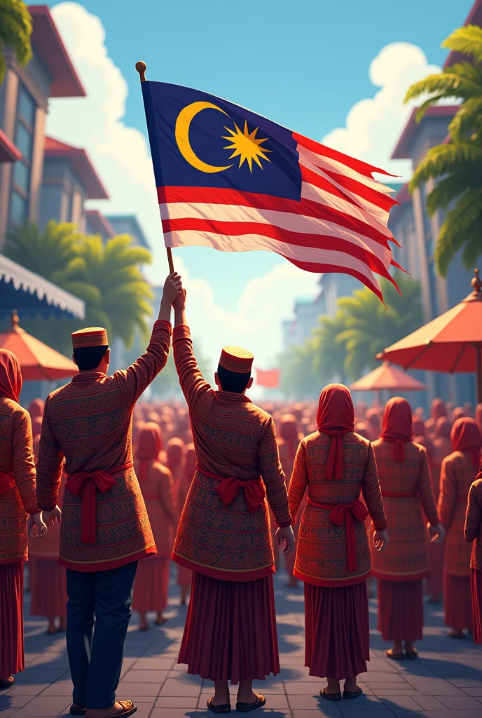 Malay people wear the samping to celebrate the country's independence and hold the Malaysian flag.