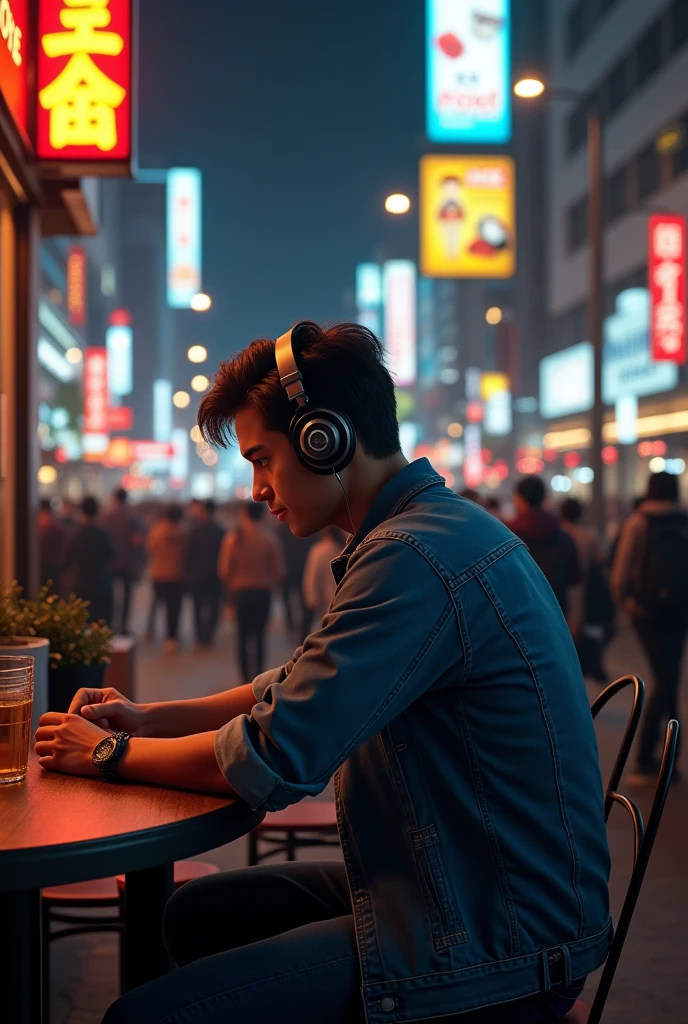 (photorealism:1.2), a handsome young man is sitting with his head down, slimfit denim jacket, heaDphones, front camera, at a small cafe on the edge of the road at night, crowded with people, muda mudi, street lamps, a billboard, poster, road sign, traffic lights, electric pole, direction sign