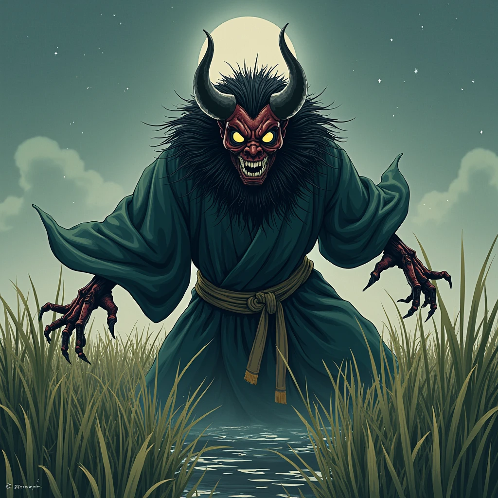 Create a detailed and atmospheric illustration of a traditional Japanese Oni or a hornless Oni.. The scene should evoke ancient folklore and a sense of dread, Feature Yasha or Oni with traditional Japanese clothing and features. The background is a rice paddy, with the demon's lower body buried in the soil。. The delicate rice paddy contrasts with the menacing presence of the oni and yasha。, Creates a scene that is both unsettling and melancholic. wood々Soft starlight filtering through the gaps, and、A faint breeze adds a sense of eeriness to the atmosphere. The character should have a terrifying expression, With sharp claws, Sharp Eye, Emphasize the supernatural and ominous nature through traditional Japanese masks.
