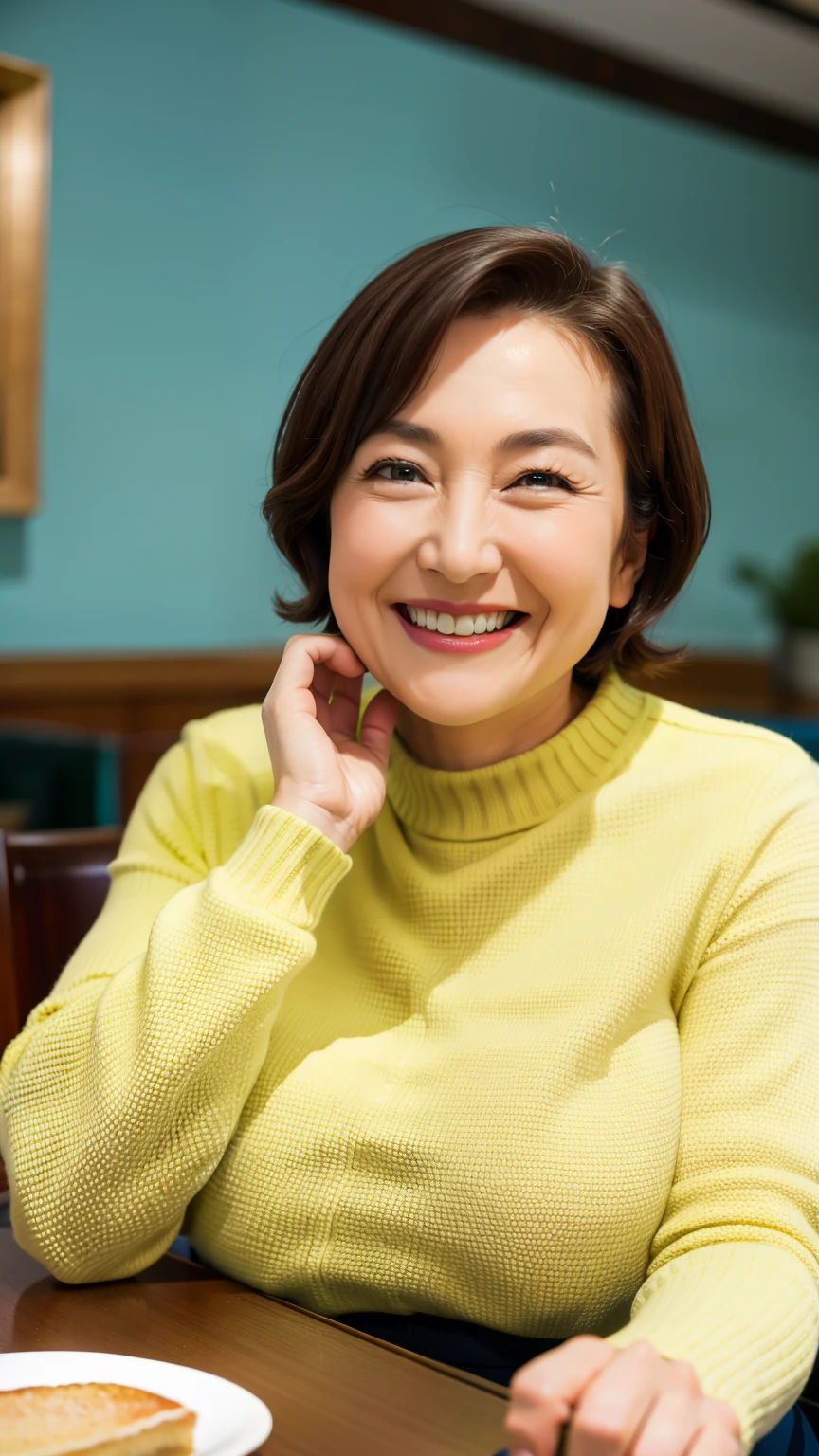 8k wallpaper, masterpiece, Highest quality, Very detailed, One Mature Woman, 50 years old, Become very clear, Wearing a short-sleeved knit, Skin dents, Captivating smile, Looking at the audience, No lapel microphone, Plump, Curvaceous, Attractive face, Smiling with teeth showing, I was happy, sitting in a cafe, Background Blur