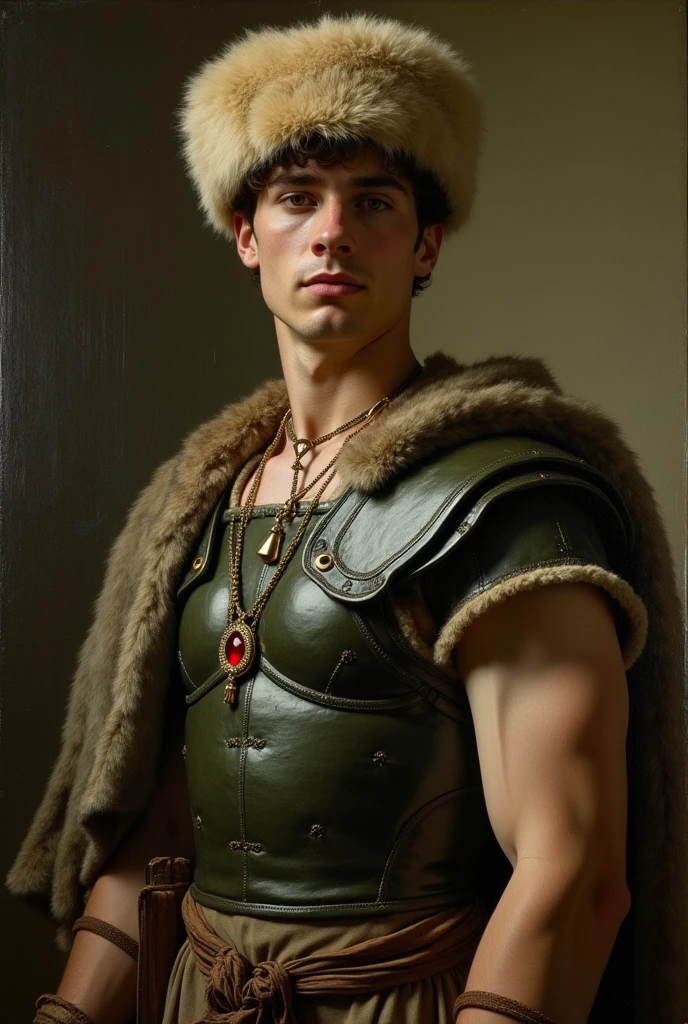 {{Masterpiece, best quality, oil painting, by Théodore Géricault, male focus, muted colors}}, the composition is: (((a dramatic half body portrait of a 18 year old ancient Roman gladiator, sexy, magnificent, wearing a beige Russian fur hat, he is wearing a red diamond shape pendant))). ((((He is wearing a dark green lorica armor made of velvet, alligator leather, with ronin inspired elements, Slavic inspired elements, wearing a satin sash)))).
