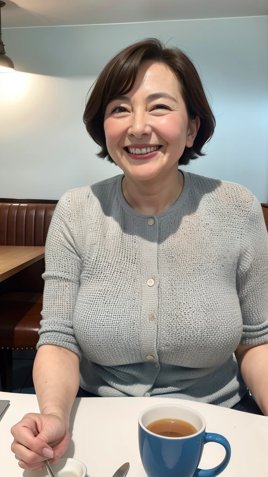 8k wallpaper, masterpiece, Highest quality, Very detailed, One Mature Woman, 50 years old, Become very clear, Wearing a short-sleeved knit, Skin dents, Captivating smile, Looking at the audience, No lapel microphone, Plump, Curvaceous, Attractive face, Smiling with teeth showing, I was happy, sitting in a cafe, Background Blur