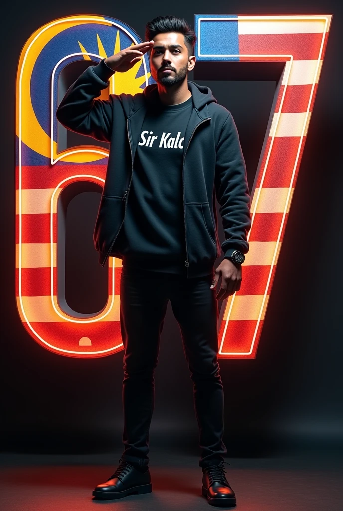 A real 30 years old man wearing hoodie dress with Text “Sir Kalai” written on tshirt, he standing near a 3d big Number “67” is decorated by Malaysia flag with dark background 32k ultra quality image, and he salute