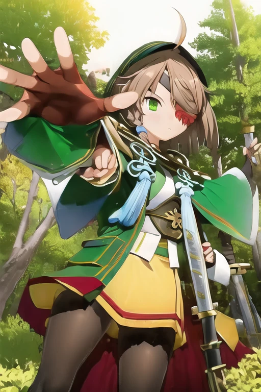 (masterpiece:1.5), best quality, (1girl, solo),
yamamoto kansuke, light brown hair, short hair, single braid, hair over one eye, ahoge, eyepatch, green eyes, weapon, sword, blush, ( outdoors, forest, dynamic pose, looking at viewer, ) 