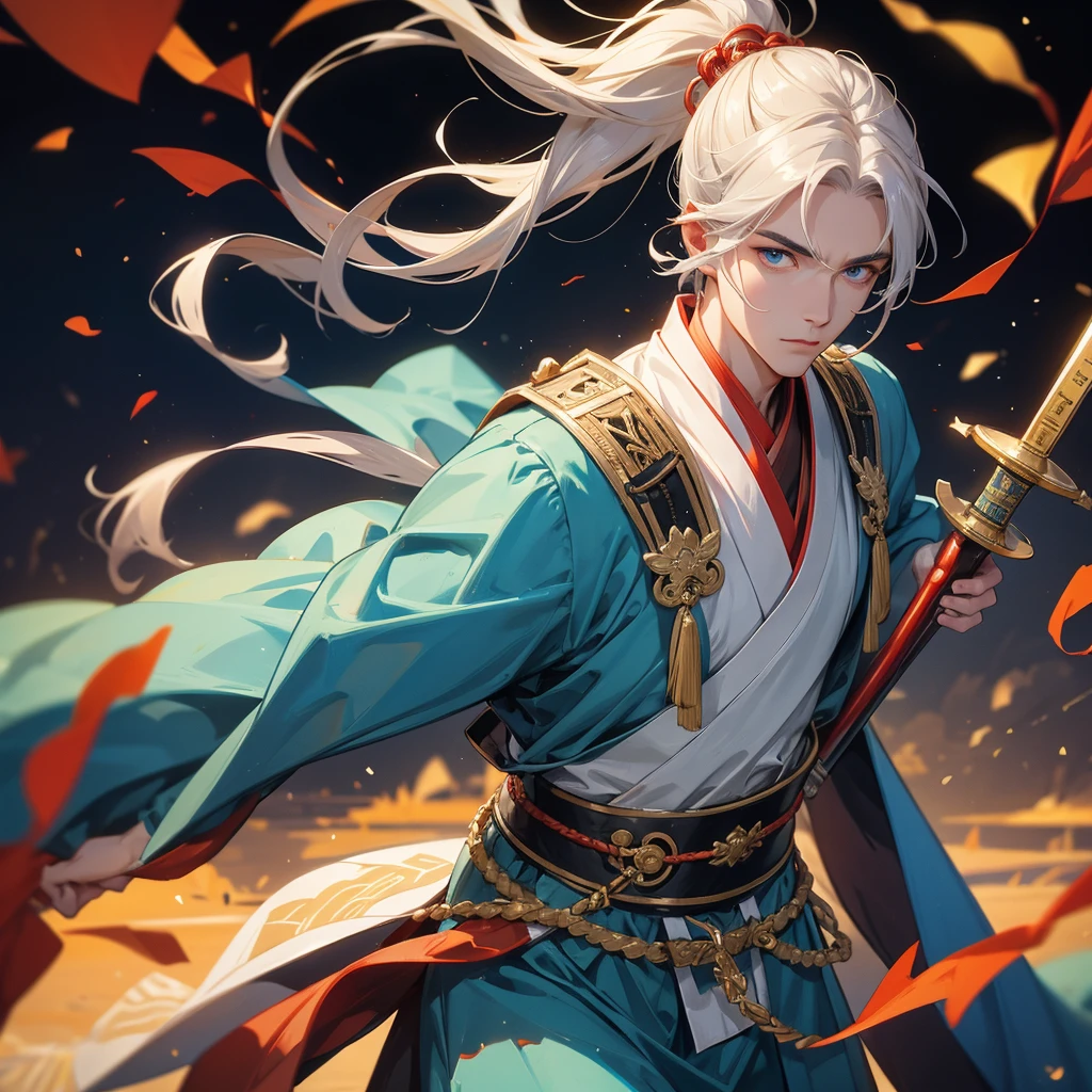 A handsome male general holding a big sword in ancient Chinese clothing on an ancient Chinese battlefield.
