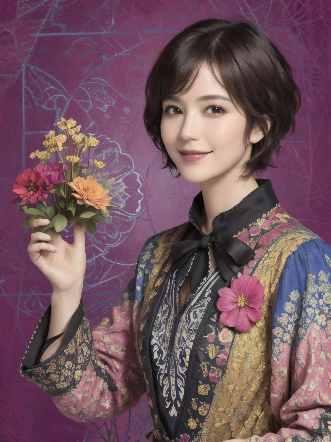 271 (20-year-old woman,short hair), (masterpiece, Highest quality, beautiful:1.2), Very detailed, (Fractal Art:1.1), (colorful:1.1), (flower:1.3), whole body, (Abstract background:1.3), (Many colors:1.4), (Old-fashioned smile), (window)