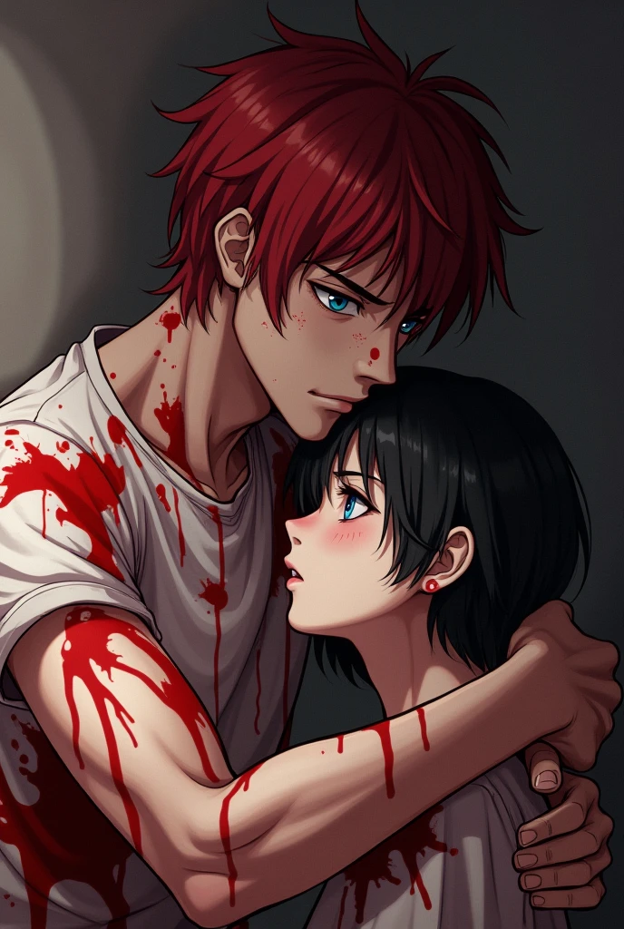 2 people, Handsome guy with red hair, blue eyes, Freckles, holds a woman with very short black hair on her lap, eyes closed, Unconscious, a lot of blood, all in blood anime art, realistically, masterpiece, Beautiful, realistically