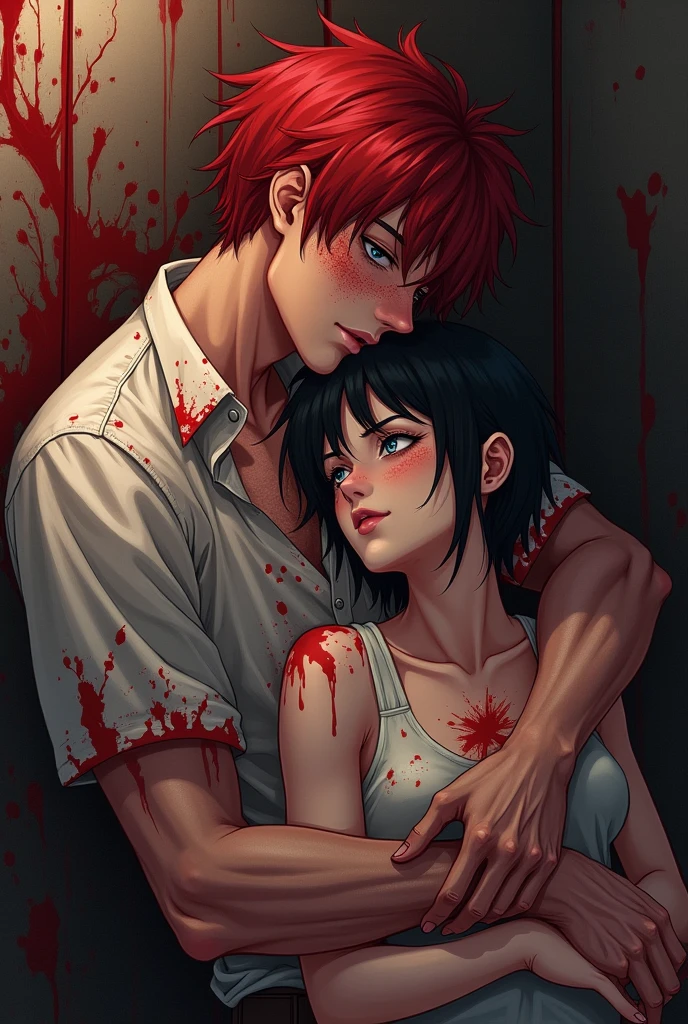 2 people, Handsome guy with red hair, blue eyes, Freckles, holds a woman with very short black hair on her lap, eyes closed, Unconscious, a lot of blood, all in blood anime art, realistically, masterpiece, Beautiful, realistically