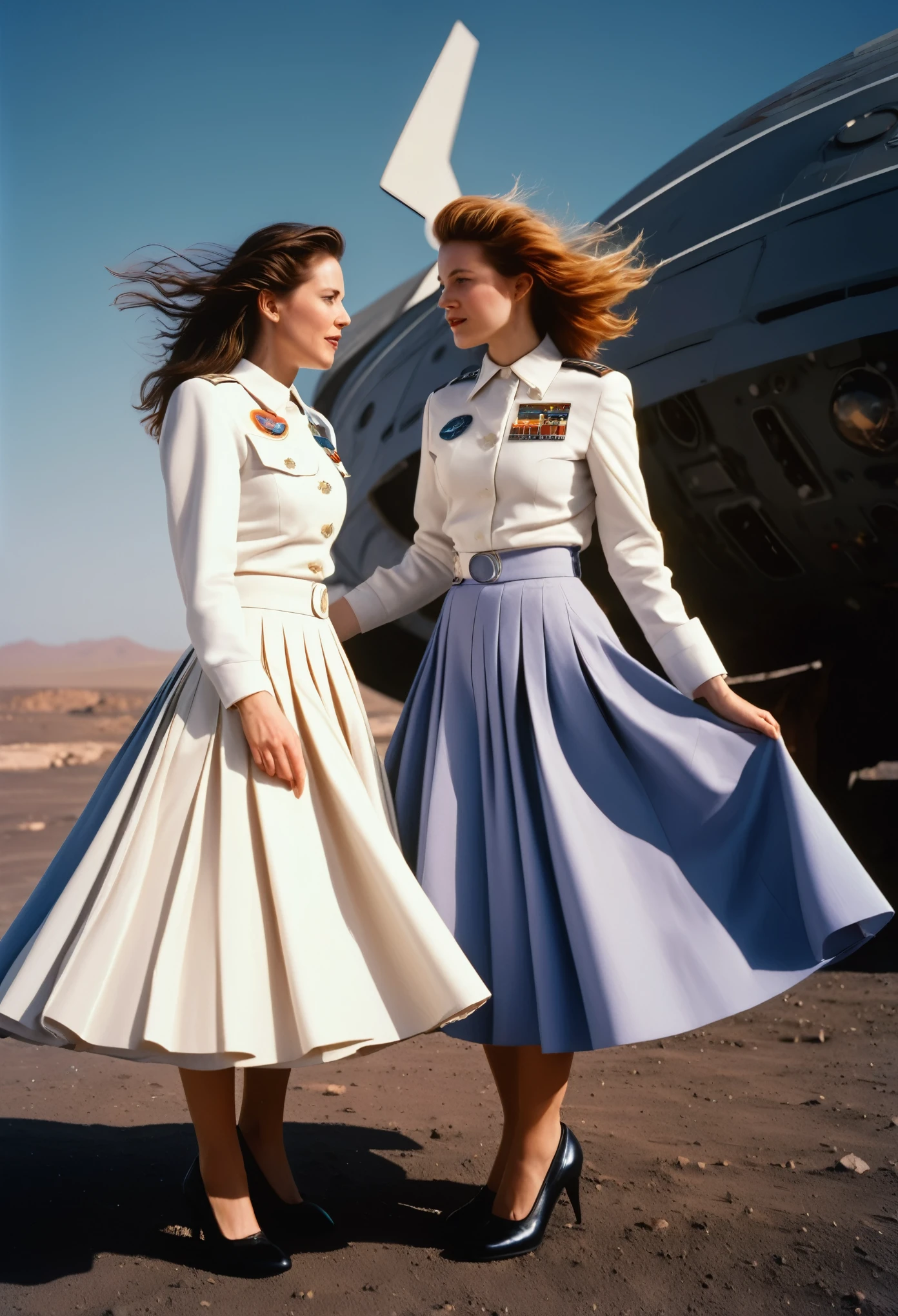 85mm photograph of Sapphic Space Lesbians, attractive and beautiful women, fixing spaceships, lifting skirts, exploring space, investigating anomalies, doing scientific R&D, attending council meetings, conducting espionage, conducting archeological excavations, investigating astral rifts, wearing (long pleated full circle skirts), uniform jackets and (woman's low heel office shoes), (pronounced (girly) features), (very windy), skirts are flowing wildly in the wind, lesbian space stations, sci-fi, skirts in space, women wearing skirts, adore skirts, empathy, compassion, romance and love, (pronounced (feminine) features), (highly detailed ultra accurate realistic) hands and fingers, (windy), epic composition, highly detailed attributes, (35mm f1.4 Kodak portra 400 photograph), extremely high quality RAW photograph, highly detailed atmosphere, sci-fi, cinematic shot, dynamic lighting, 75mm, Technicolor, Panavision, cinemascope, sharp focus, fine details, 8k, HDR, realism, realistic, key visual, film still, superb cinematic color grading, depth of field