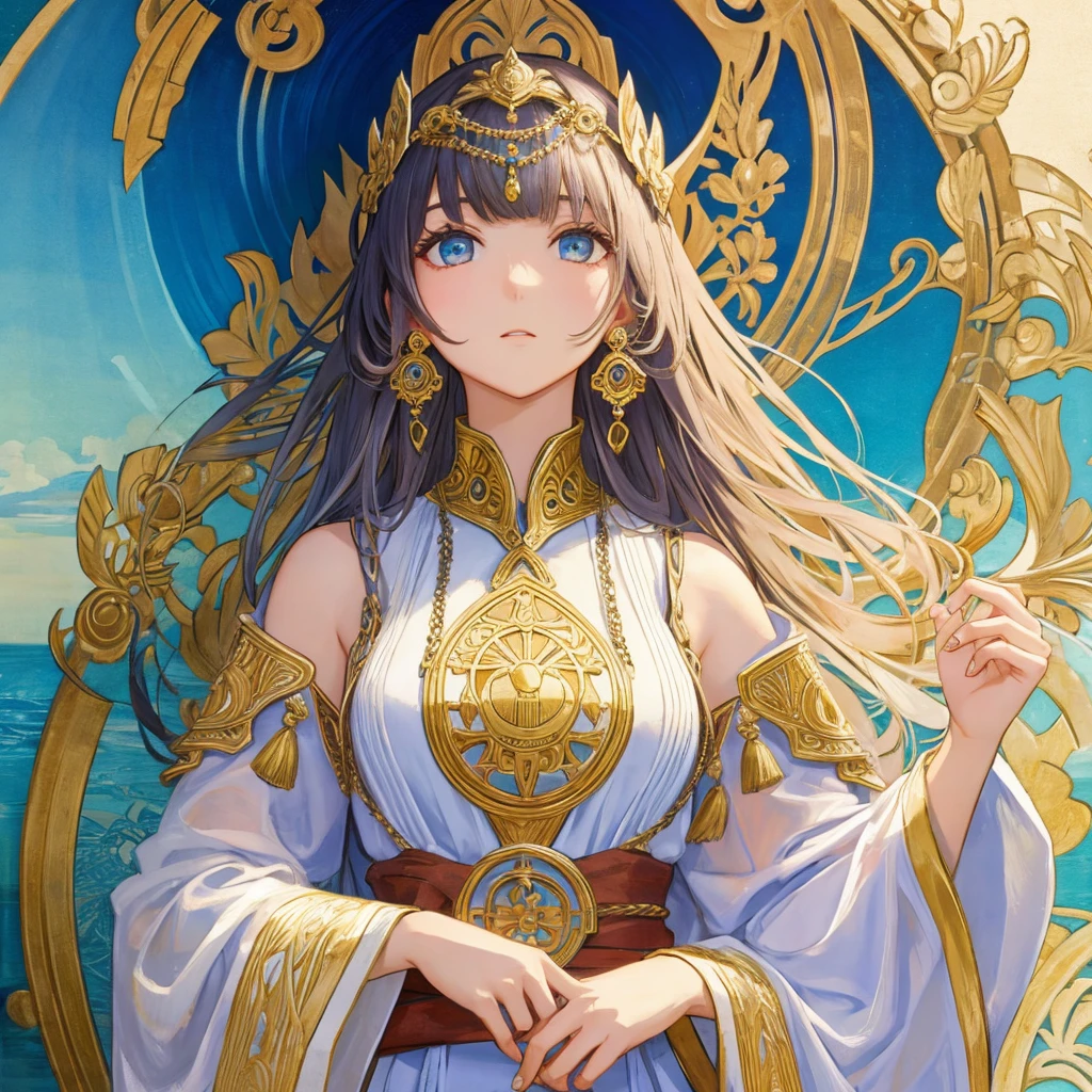 1 girl, (masterpiece, highest quality, highest quality, beautiful and aesthetic: 1.2), (1 girl: 1.3), lots jewelry, delicate clothing, square picture frame, ((face)), sharp pupils, cool face, (Alphonse Mucha's), Traditional Arab dress,Headpiece,Gradient color hairstyle,Front blur, Ultra-detailed, Soft Light, Gentle colors, solo, Bun Hair, like jusmin dress, ((upper body))