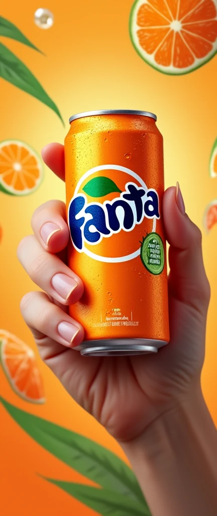 A hand holding a can of orange-flavored Fanta against a fun background