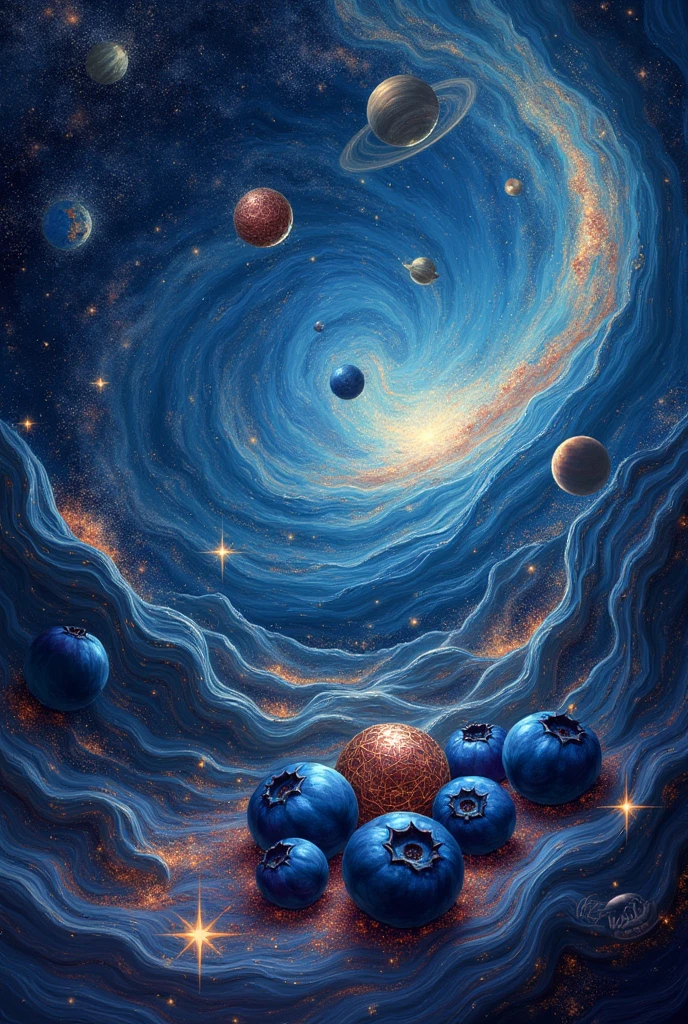 painterly masterpiece, cosmic elegance, vibrant blueberries amidst galaxies, copper accents and detailing, woodgrain and marble textures melding with silk and velvet, celestial light filtering through cosmic dust and copper reflections, Vincent van Gogh's swirling starry skies, luminous planets and copper-infused stars, deep space intrigue with interstellar copper glow, enhanced shadow depth
