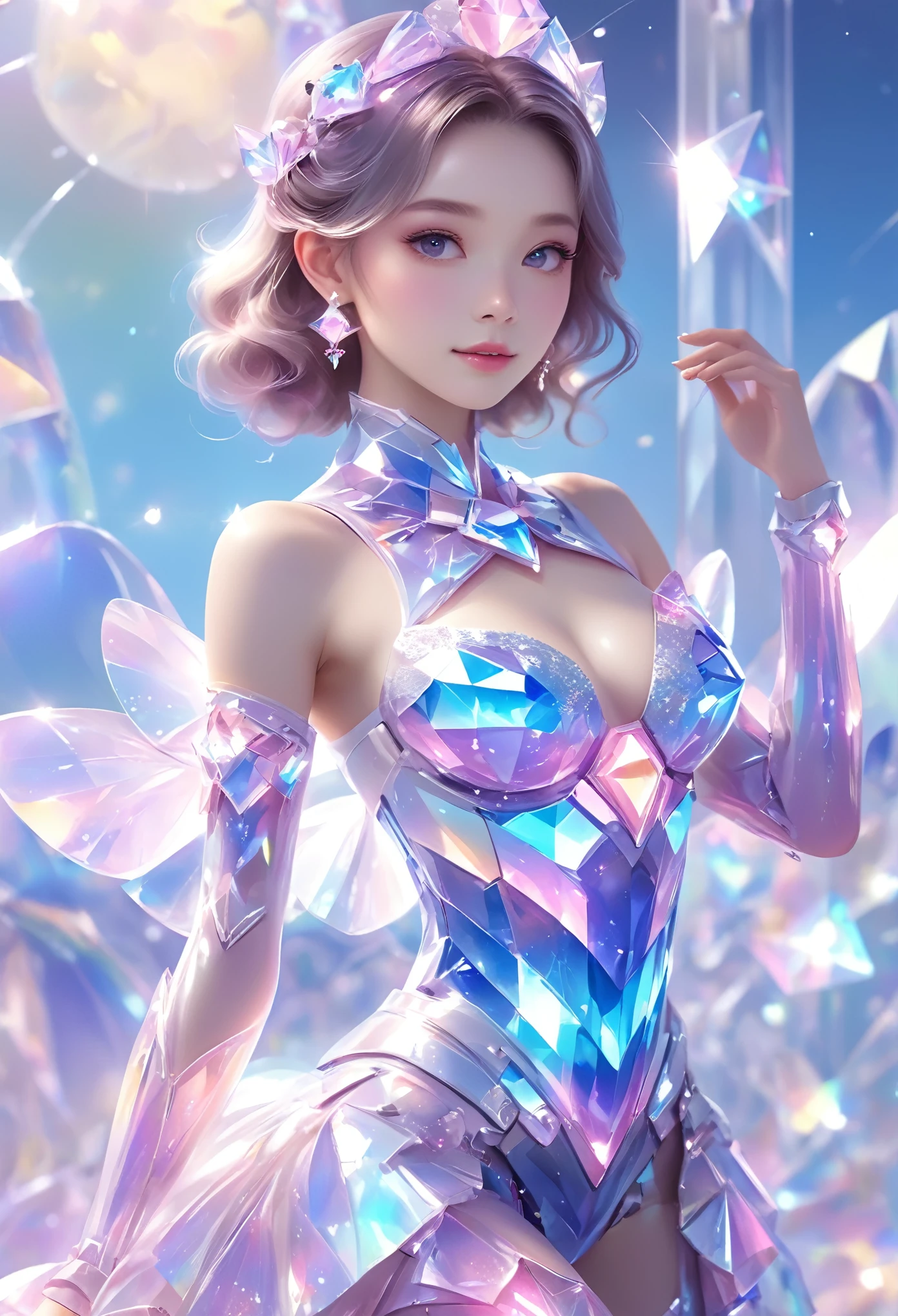 crystal covered, (Full body :1.3), alternate color, masterpiece, detailed illustration, realistic, pixiv top quality, exquisite, {{{kawaii 1girl}}}, ultra beauties who fuse with machines, glitter beautiful female, Half of my body is made of machines, cinematic lighting, dynamic angle, dynamic pose, crystal world, depth of field,Shiny socks,Crystal stockings,Crystal high heels