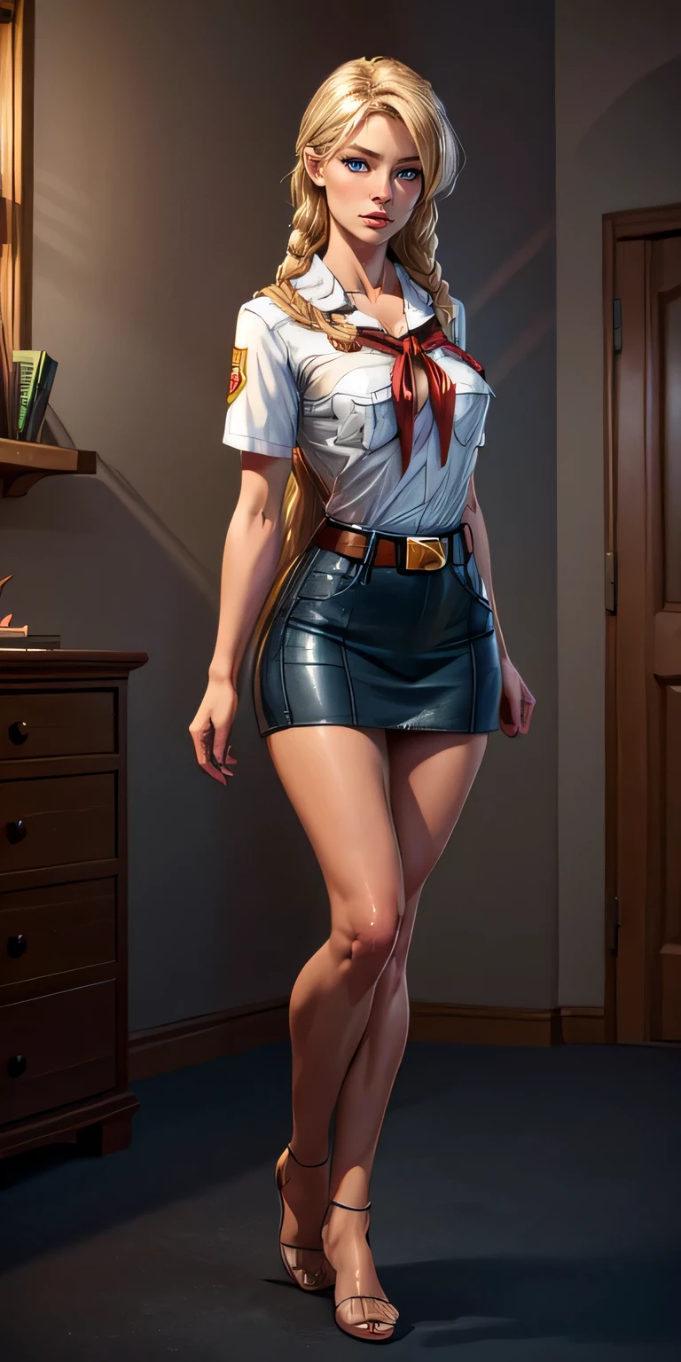 detailed eyes, (full body shot:1.2), 8 thousand., (skinny body:1.2), lush, (hands behind your back:1.2), seductive pose, (I&#39;m looking at the viewer, 8 thousand. vector photography, young , beautiful eyes, realistic lighting, detailed outfit, realistic facial features, hyperdetailing, (Ideal Angle, focus on the face, hips and chest)), (Very long hair:1.3), long braids, medium breasts, pioneer neckerchief, micro blue tight skirt, clap, clavicle, very tight white shirt, Short sleeves, collared shirt, belt, eyelashes, red neckerchief, chest pocket, looks like a sex doll, Maryaria, Very blonde hair, big Blue eyes