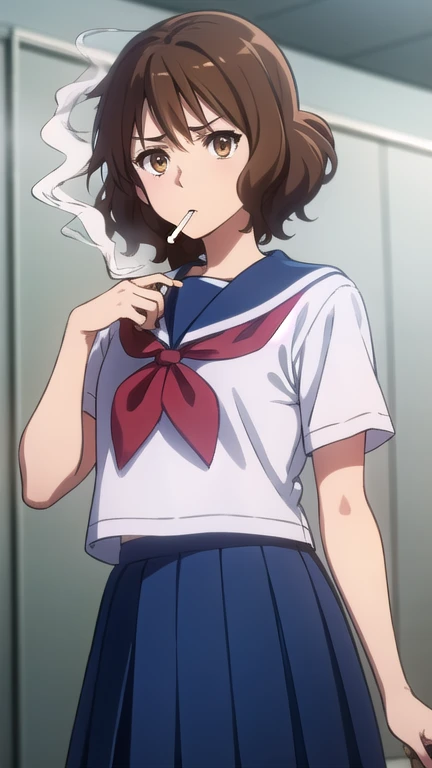 kumikooumae, kumiko oumae, (brown eyes:1.5), brown hair, short hair, wavy hair,
BREAK skirt, shirt, school uniform, white shirt, short sleeves, pleated skirt, serafuku, sailor collar, blue skirt, neckerchief, red sailor collar, school bag, blue neckerchief, kitauji high school uniform,
BREAK indoors, classroom,
BREAK looking at viewer, (cowboy shot:1.5),
BREAK (masterpiece:1.2), best quality, high resolution, unity 8k wallpaper, (illustration:0.8), (beautiful detailed eyes:1.6), extremely detailed face, perfect lighting, extremely detailed CG, (perfect hands, perfect anatomy),(Smoking a cigarette:1.5), One cigarette, Cigarette smoke, A displeased expression, glaring at me