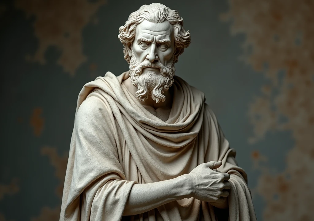 stoicism, motivation, stoic marble statue thinking,calm, setting, robe, long beard, aged, full body, hyper-realistic, 8k, old beautiful background, incredible, beautiful, frightening,