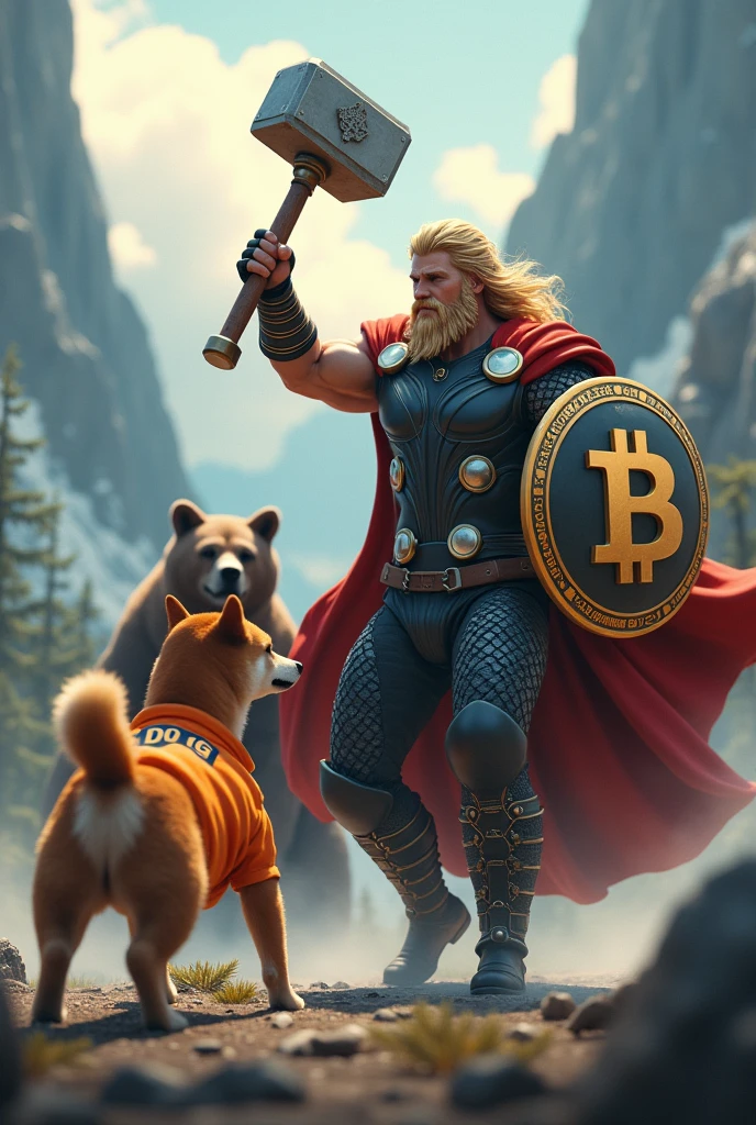 Generate an image of Thor with his hammer and Bitcoin shield, accompanied by his shiba inu dog wearing an orange sweatshirt with DOG stickers on the chest, fighting a bear.