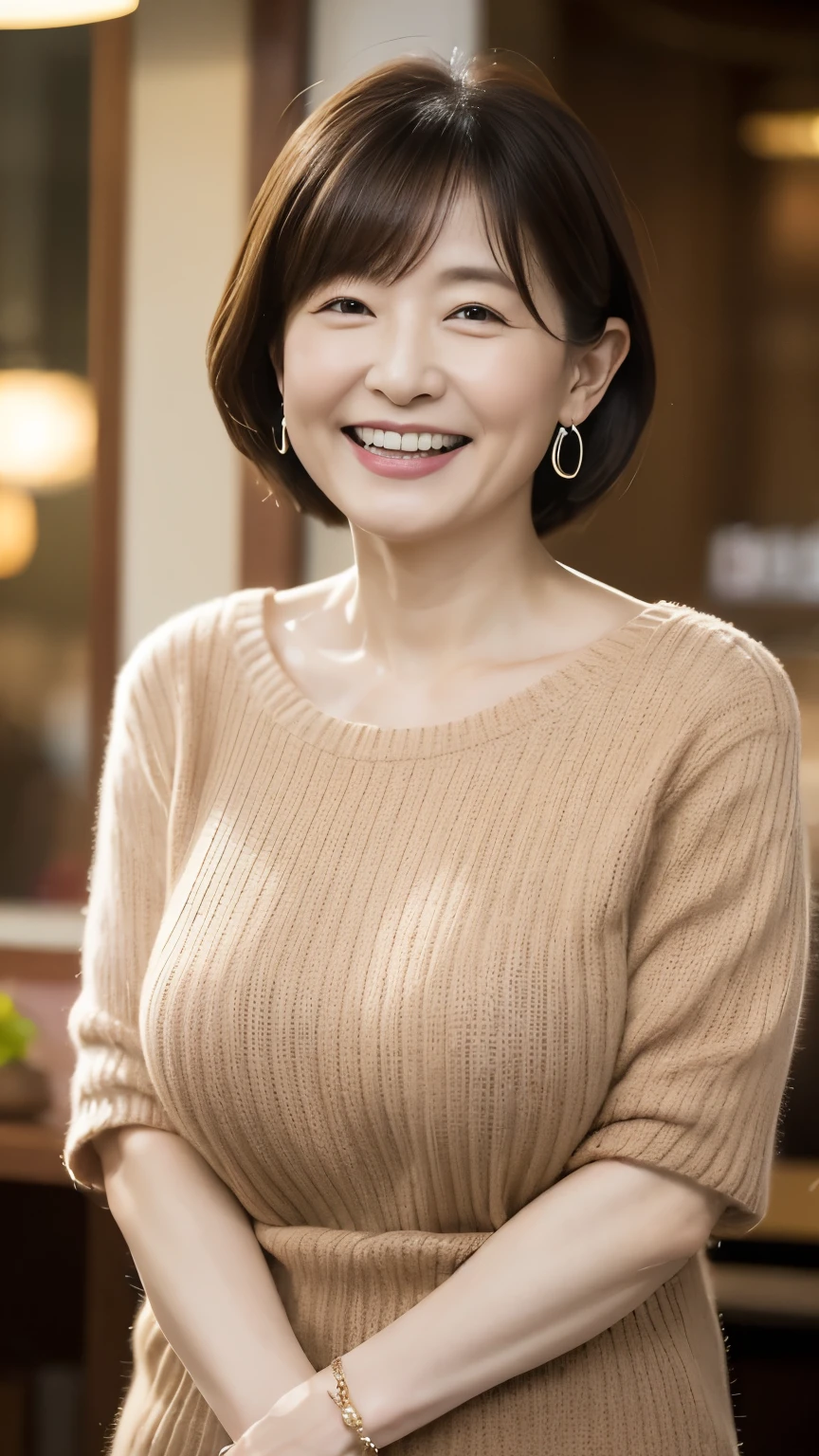 Osaka's aunt、Organic Photography、Highest quality、masterpiece、Ultra-high resolution、Beautiful Japanese old lady、60 years old、Looking at the audience、Elegant face、Smiling with teeth showing、Big Breasts、Wearing a plain short-sleeved knit、Short Hair、mini skirt、Earrings、A corner of a coffee shop, Background Blur