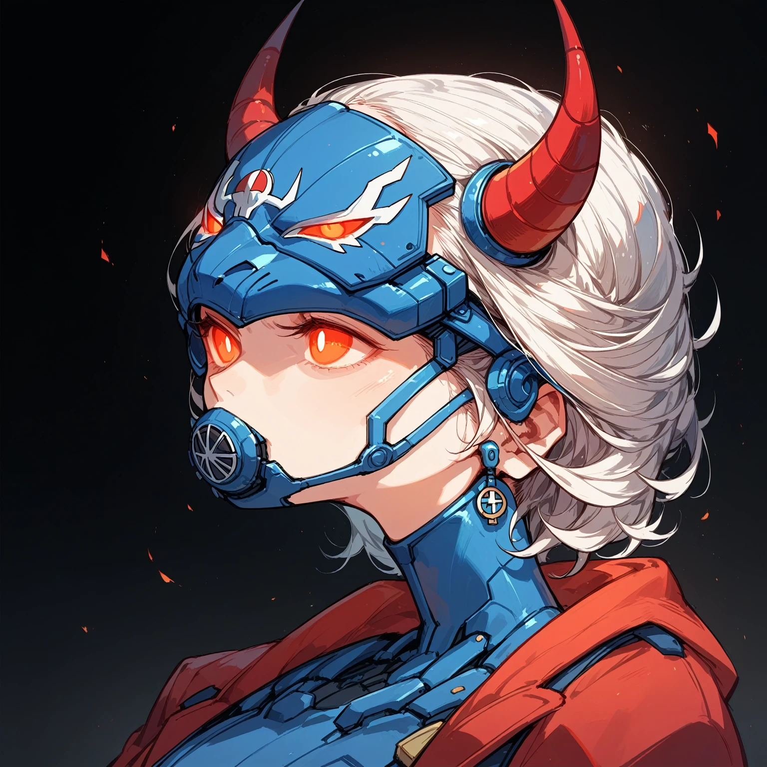 Ghost design,Female bust,Anime Style,Mechanical Hannya Mask,A woman wearing a Hannya mask,Glowing Eyes、Iron Man Mask,Mask covering the mouth,Protruding horns in the front,Horns growing from the forehead,Japanese-style design,