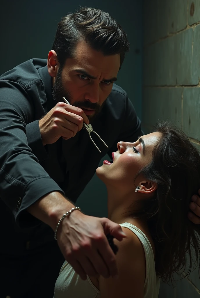 A man attacking a woman with a pin and the man has the pin