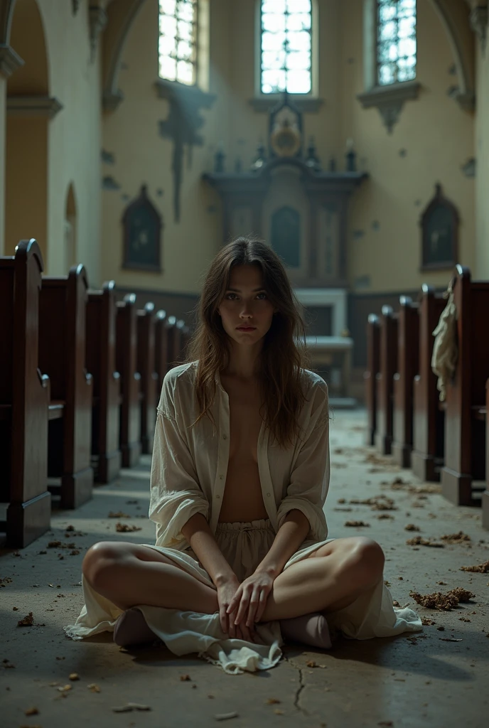 8k (realisitic) ((real photografic)) A young woman wearing a long skirt and a ripped dress shirt , semi-naked and sitting on the church floor with her legs crossed, in an old, abandoned church
