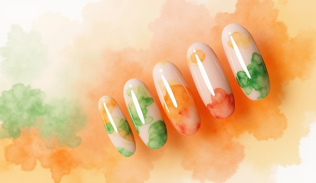 **Cantaloupe Watercolor Nail Art:** This design features a soft, watercolor effect that blends shades of orange, peach, and pale green in a fluid, artistic way. The center of each nail highlights an abstract representation of cantaloupe flesh, with soft, flowing colors that gradually blend into the background. The background mimics the watercolor effect, with lighter shades of orange and green creating a seamless and artistic interpretation of the cantaloupe theme.
