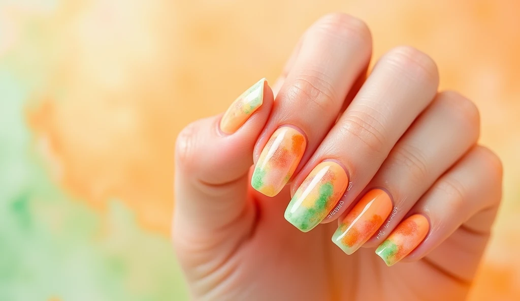 **Cantaloupe Watercolor Nail Art:** This design features a soft, watercolor effect that blends shades of orange, peach, and pale green in a fluid, artistic way. The center of each nail highlights an abstract representation of cantaloupe flesh, with soft, flowing colors that gradually blend into the background. The background mimics the watercolor effect, with lighter shades of orange and green creating a seamless and artistic interpretation of the cantaloupe theme.
