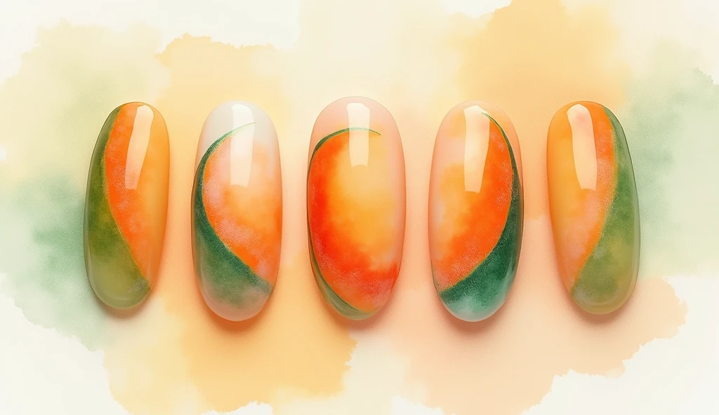 **Cantaloupe Watercolor Nail Art:** This design features a soft, watercolor effect that blends shades of orange, peach, and pale green in a fluid, artistic way. The center of each nail highlights an abstract representation of cantaloupe flesh, with soft, flowing colors that gradually blend into the background. The background mimics the watercolor effect, with lighter shades of orange and green creating a seamless and artistic interpretation of the cantaloupe theme.