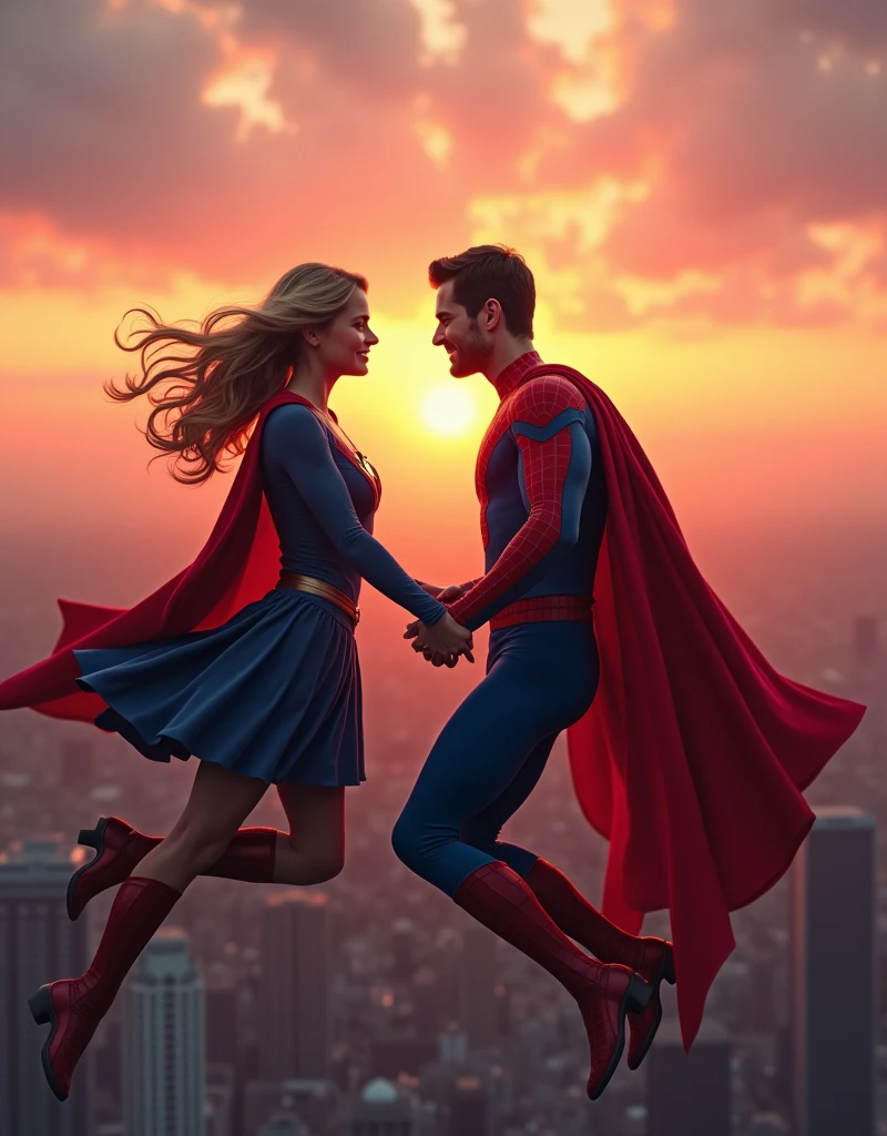 "Create a highly detailed and realistic image of Spider-Man and Supergirl in a tender romantic moment. Spider-Man, wearing his iconic red and blue suit, gently holds Supergirl's hand as they float in the air, surrounded by a sunset sky over a city skyline. Supergirl, in her signature blue and red costume, smiles warmly at Spider-Man. The scene should convey a sense of love and connection between these two superheroes, with a soft glow from the sunset highlighting their features. The background should include a blend of modern skyscrapers and a few classic comic book elements."